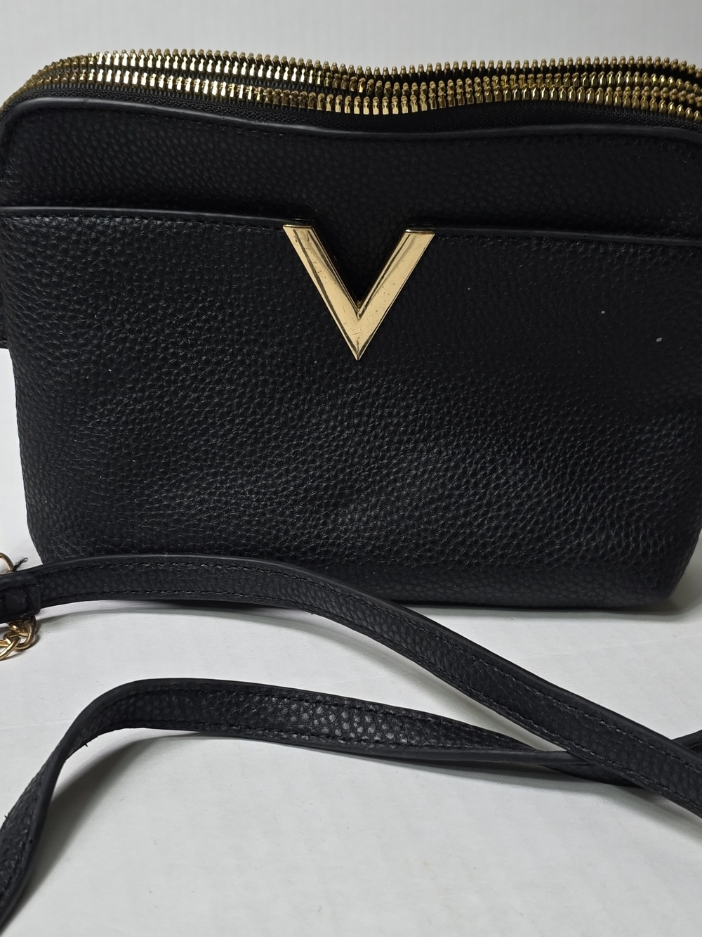 Grossi Black Leather Crossbody Bag with Gold V Accent